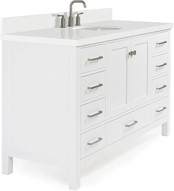 ARIEL Cambridge 54-inch Bathroom Vanity with Sink,Solid Wood, 1.5-inch Pure White Quartz Countertop & Backsplash, Single Oval Porcelain Sink, 2 Soft Closing Doors, 9 Dovetail Drawers, White