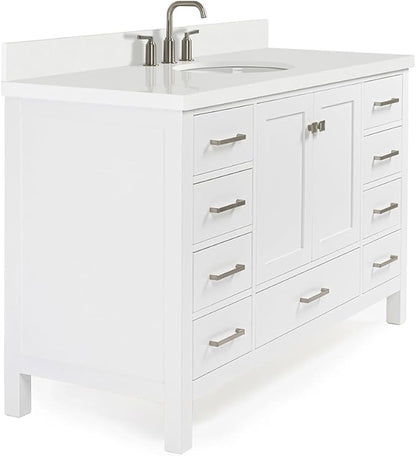 ARIEL Cambridge 54-inch Bathroom Vanity with Sink,Solid Wood, 1.5-inch Pure White Quartz Countertop & Backsplash, Single Oval Porcelain Sink, 2 Soft Closing Doors, 9 Dovetail Drawers, White