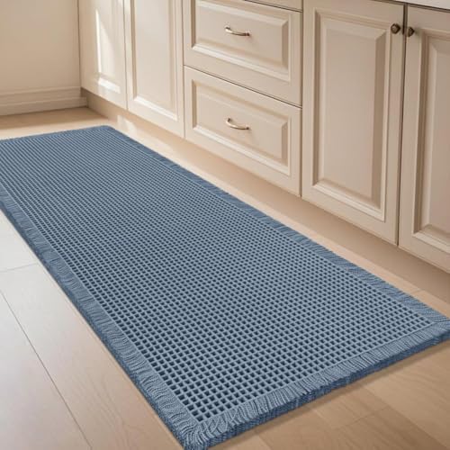 IM HOME Waffle Bath Mat Blue 4'x2', Boho Woven Modern Bath Mat Rugs, Absorbent Non Slip Bathroom Rugs, Soft Washable Bath Rugs with Tassels for Bathroom, Bedroom, Kitchen, Shower, Tub