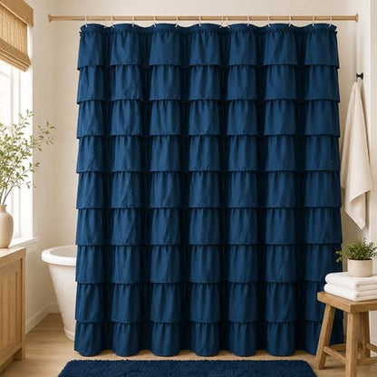 Navy Blue Ruffle Shower Curtain for Bathroom, 72x72 inch, 1 Panel