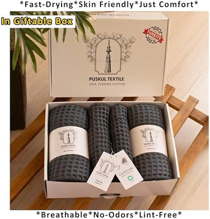 PÜSKÜL Natural 100% Turkish Cotton Waffle Towels Set of 4-Piece, Anthracite
