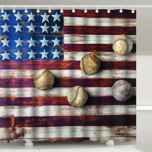 Vintage Wood American Flag Baseball Shower Curtain with Hooks 72 x 72 Inch