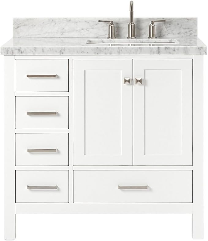 ARIEL Cambridge 36-inch Bathroom Vanity with Sink,Solid Wood, 1.5-inch Italian Carrara Marble Countertop, Single Rectangular Porcelain Sink, 2 Soft Closing Doors, 5 Dovetail Drawers, White