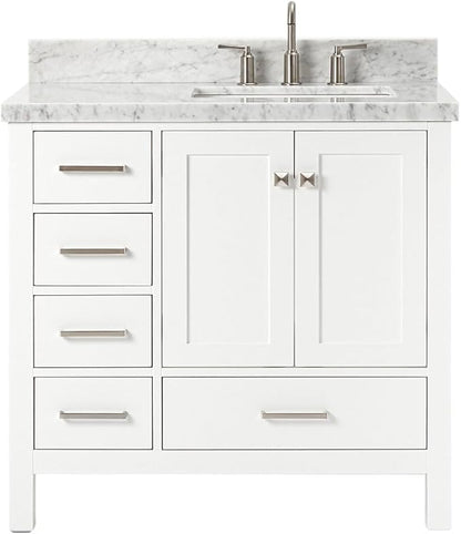 ARIEL Cambridge 36-inch Bathroom Vanity with Sink,Solid Wood, 1.5-inch Italian Carrara Marble Countertop, Single Rectangular Porcelain Sink, 2 Soft Closing Doors, 5 Dovetail Drawers, White