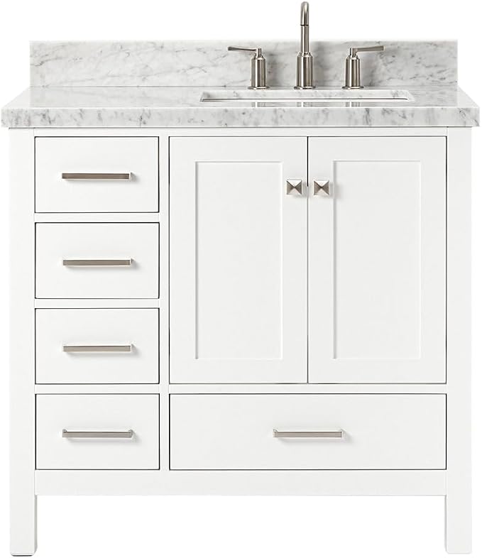 ARIEL Cambridge 36-inch Bathroom Vanity with Sink,Solid Wood, 1.5-inch Italian Carrara Marble Countertop, Single Rectangular Porcelain Sink, 2 Soft Closing Doors, 5 Dovetail Drawers, White
