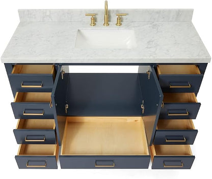 DKB Beckford 54-Inch Midnight Blue Single Bathroom Vanity with Sink, Italian Carrara White Marble Countertop, Rectangle Undermount Sink, 2 Soft-Closing Doors, 9 Dovetail Drawers, No Mirror