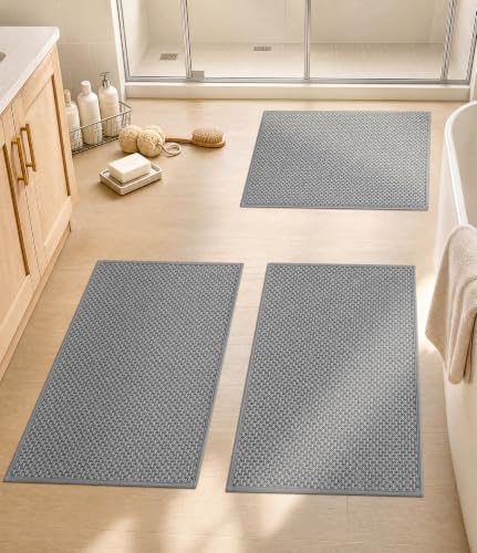 YIHOUSE Light Grey Bathroom Rugs Sets 3 Pieces,Thin Bath Mat Quick Dry