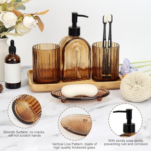 Bathroom Accessories Set, 4Pcs Glass Bathroom Accessories Set Complete, 13.5OZ Lotion Soap Dispenser, Toothbrush Holder, Mouthwash Cup, Soap Dish for Bathroom Decor, Countertop Organizer (Amber)
