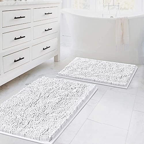 H.VERSAILTEX Bath Rugs for Bathroom Slip-Resistant Shag Chenille Bath Rugs Mat Extra Soft and Absorbent Bath Rug for Shower Room Machine-Washable Fast Dry (Pure White, 20" x 32"/17" x 24")