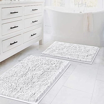 H.VERSAILTEX Bath Rugs for Bathroom Slip-Resistant Shag Chenille Bath Rugs Mat Extra Soft and Absorbent Bath Rug for Shower Room Machine-Washable Fast Dry (Pure White, 20" x 32"/17" x 24")