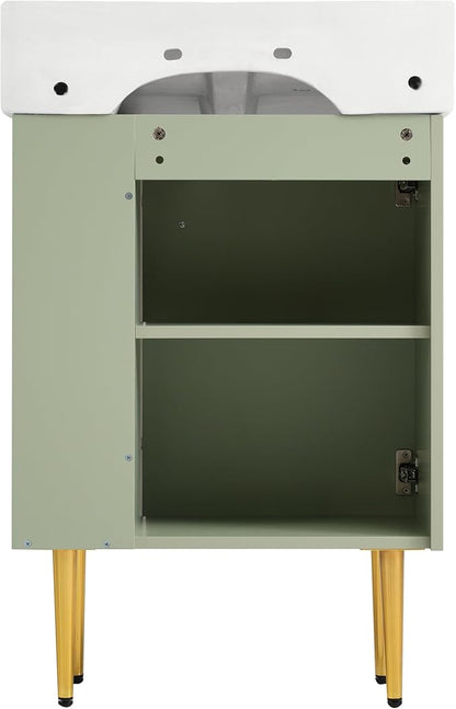Merax Bathroom Vanity with Ceramic Sink, 21.6" Freestanding Bathroom Cabinet Vanity with Storage, Single Sink Small Vanity, Green