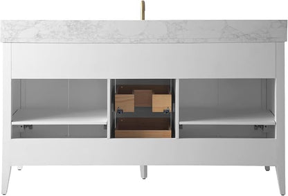 Vanity Art 60 inch Bathroom Vanity with Single Sink & Ceramic Top, Vanity Cabinet with Soft-Closing Door, Solid Wood Frame, Linear Pattern, White, VA9160-SW-MB,Matte Black Handles