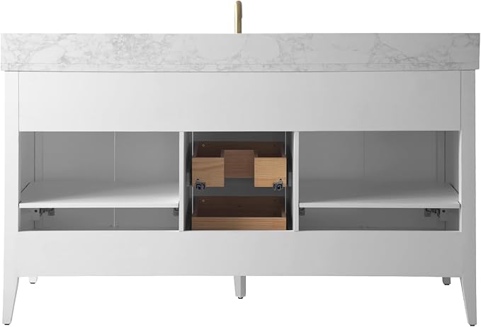 Vanity Art 60 inch Bathroom Vanity with Single Sink & Ceramic Top, Vanity Cabinet with Soft-Closing Door, Solid Wood Frame, Linear Pattern, White, Golden Brushed Handware VA9160-SW-GB
