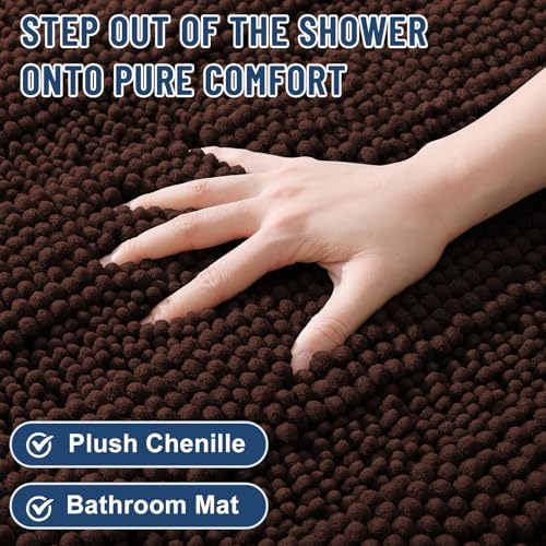 Grandaily Chenille Striped Bathroom Rugs 24x16, Extra Thick and Soft Absorbent Bath Mats, Rubber Backing, Plush Shaggy Shower Carpet, Machine Wash Dry, Bath Rug for Bathroom, Dark Brown