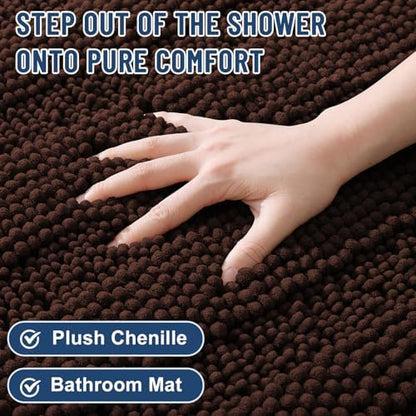 Grandaily Chenille Striped Bathroom Rugs 59x24, Extra Thick and Soft Absorbent Bath Mats, Rubber Backing, Plush Shaggy Shower Carpet, Machine Wash Dry, Bath Rug for Bathroom, Dark Brown