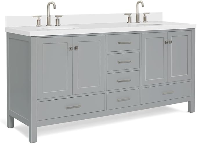 ARIEL Cambridge 72-inch Bathroom Vanity with Sink,Solid Wood, 1.5-inch Pure White Quartz Countertop & Backsplash, Double Oval Porcelain Sink, 4 Soft Closing Doors, 6 Dovetail Drawers, Grey