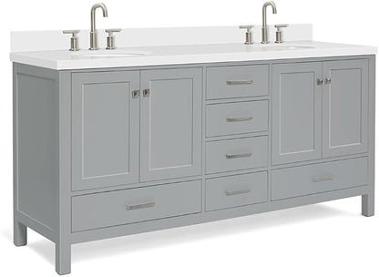 ARIEL Cambridge 72-inch Bathroom Vanity with Sink,Solid Wood, 1.5-inch Pure White Quartz Countertop & Backsplash, Double Oval Porcelain Sink, 4 Soft Closing Doors, 6 Dovetail Drawers, Grey