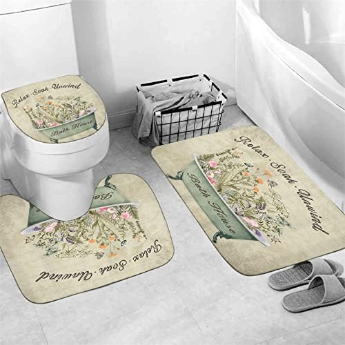 Nkzply 4 Pcs Green Floral Shower Curtain Set Vintage Flowers Leaves Bathroom Sets with Shower Curtain and Rugs Rustic Plant Farmhouse Bathroom Decor Country Bathtub Bathroom Rugs Toilet Lid Cover