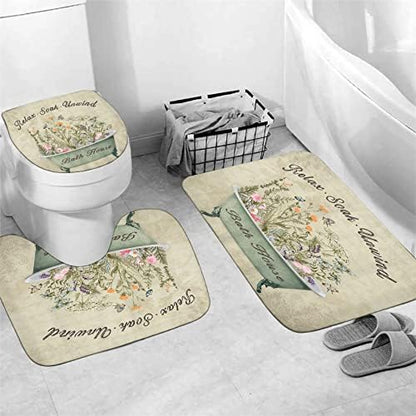 Nkzply 4 Pcs Green Floral Shower Curtain Set Vintage Flowers Leaves Bathroom Sets with Shower Curtain and Rugs Rustic Plant Farmhouse Bathroom Decor Country Bathtub Bathroom Rugs Toilet Lid Cover