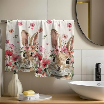 Pink Floral Bunny Hand Towels, 14x28 Inch Spring Flowers Cute Rabbit Easter Day Decor Absorbent Soft Dish Washing Cloth Face Tea Towels for Kitchen Bathroom Holiday Decoration