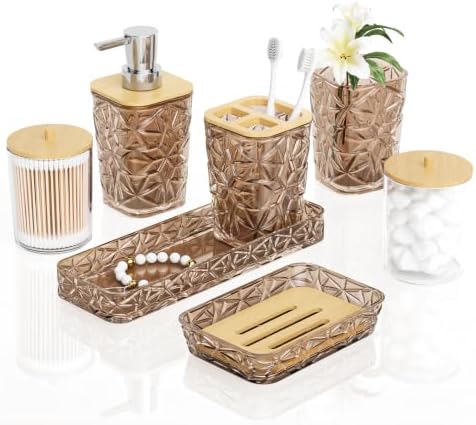 Bathroom Accessory Set, 7 Pcs Brown Bathroom Set, Acrylic Soap Dispenser and Toothbrush Holder Set, Qtip Holder Set, Bathroom Sink Set, Gift for Home Apartment