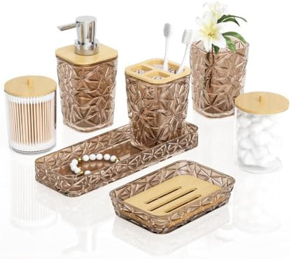 Bathroom Accessory Set, 7 Pcs Brown Bathroom Set, Acrylic Soap Dispenser and Toothbrush Holder Set, Qtip Holder Set, Bathroom Sink Set, Gift for Home Apartment