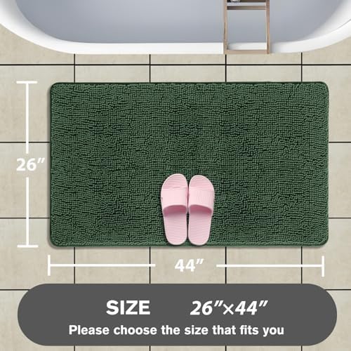 Hunter Green Bathroom Rugs – Absorbent and Washable Bath Mat, Non-Slip, Thick Soft Chenille Bath Rugs for Bathroom Floor, Shower, Sink - 26" x 44"