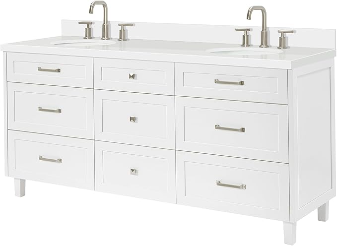 ARIEL Monroe 72-inch Bathroom Vanity with Sink,Solid Wood, 1.5-inch Pure White Quartz Countertop & Backsplash, Double Rectangular Porcelain Sink, 9 Dovetail Drawers, Brushed Nickel, White