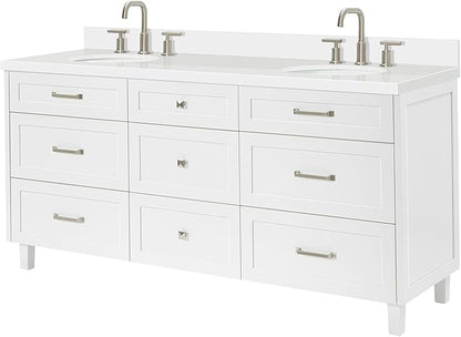 ARIEL Monroe 72-inch Bathroom Vanity with Sink,Solid Wood, 1.5-inch Pure White Quartz Countertop & Backsplash, Double Rectangular Porcelain Sink, 9 Dovetail Drawers, Brushed Nickel, White