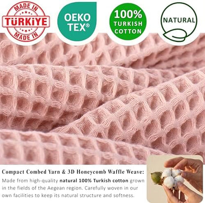 PÜSKÜL Natural 100% Turkish Cotton Waffle Towels Set of 4-Piece Pink Powder