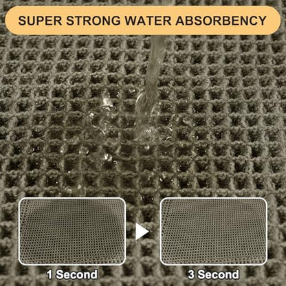 Upgrade Waffle Bath Mat Set 3 Piece, Greyish Green, Boho Bathroom Rugs Absorbent Non Slip, Ultra Soft Bathroom Mat, Machine Washable Knit Bath Rugs with Border for Bathroom, Kitchen, Shower, Tub