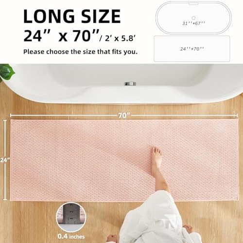 TYUU Bathroom Runner Rugs, Long Bath Mat Runner Washable Thin Quick Dry Low Pile Bathroom Runner Rugs Non Slip, Pink 24"x70"