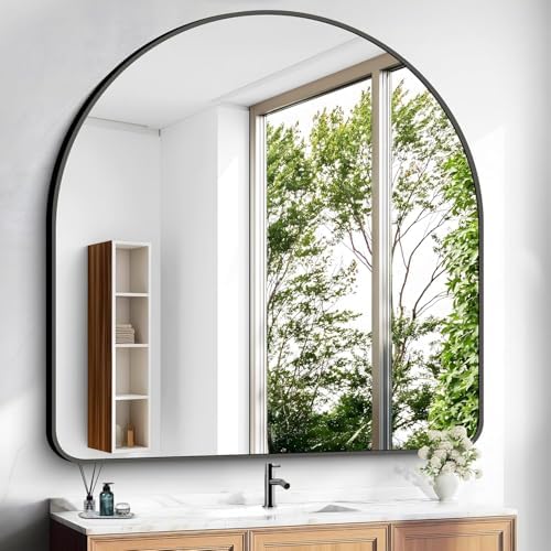 Arched Bathroom Mirror, 30"x30" Black Arched Mirror for Bathroom, Wall Mounted Mirror, Vanity Wall Mirror Metal Frame for Bedroom, Entryway, Living Room, Vertically Hanging