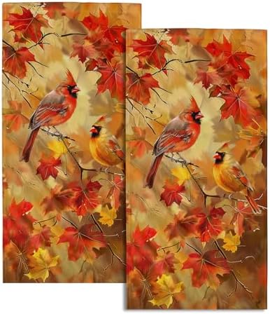 Fall Birds Hand Towels Set of 2, 14x28 Inch Autumn Rustic Maple Leaves Thanksgiving Harvest Decorative Tea Towel Drying Baking Cooking Wash Cloth for Bathroom Kitchen Decor