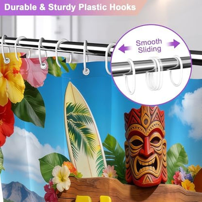 Hawaiian Summer Tropical Shower Curtain Set, Waterproof Shower Curtains for Bathroom with Weighted Hem, Machine Washable Fabric Shower Curtain with 12 Hooks, Colorful Coastal Beach Design, 72"W x 72"L