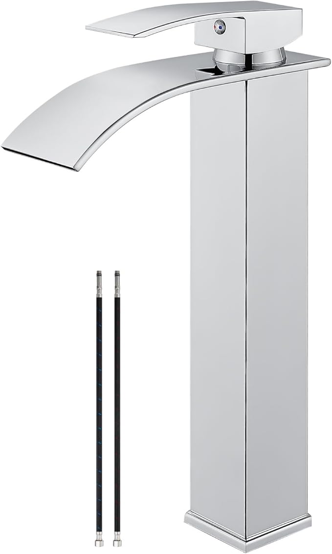 Airuida Tall Bathroom Vessel Faucet Chrome Polish Waterfall Bathroom Single Handle Single Hole Deck Mount Bowl Mixer Tap with Large Waterfall Spout Bar Sink Faucet Lavatory Vanity
