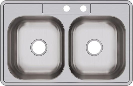Dayton Stainless Steel 33" x 21-1/4" x 6-9/16", MR2-Hole Equal Double Bowl Drop-in Sink