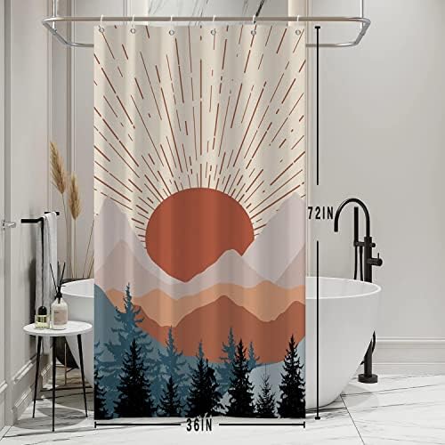 Stall Shower Curtain, Mid Century Boho Sunrise Small Shower Curtain Waterproof Abstract Terracotta Mountain Forest Narrow Shower Curtain Set with Hooks, 36x72 Inch
