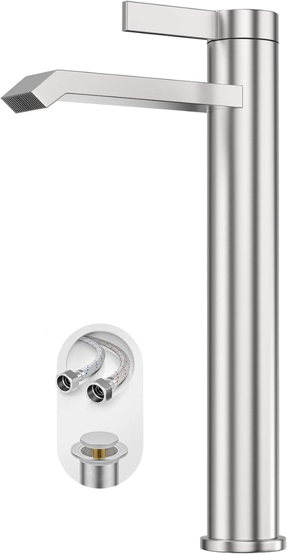 Phiestina Brushed Nickle Single Hole Tall Bathroom Bowl Faucet, Single Handle Above Counter Sink Bathroom Vessel Faucet with Waterfall,Pop Up Drain and Water Supply Line,FH04-BN-V
