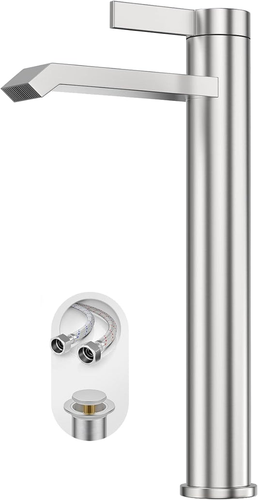 Phiestina Brushed Nickle Single Hole Tall Bathroom Bowl Faucet, Single Handle Above Counter Sink Bathroom Vessel Faucet with Waterfall,Pop Up Drain and Water Supply Line,FH04-BN-V
