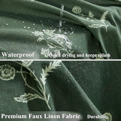 ORTIGIA Linen Shower Curtain 72 W x 84 L Farmhouse Vintage Dark Green Floral Long Shower Curtains Boho Rustic Block Print Cottagecore Decor for Bathroom