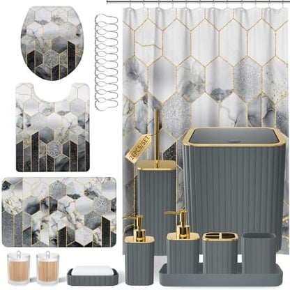 XLHOMO Bathroom Set - 26PC Bathroom Set with Shower Curtain and Rugs, Bathroom Accessory Set, Grey Bathroom Accessories Set, Trash Can & Soap Dispenser
