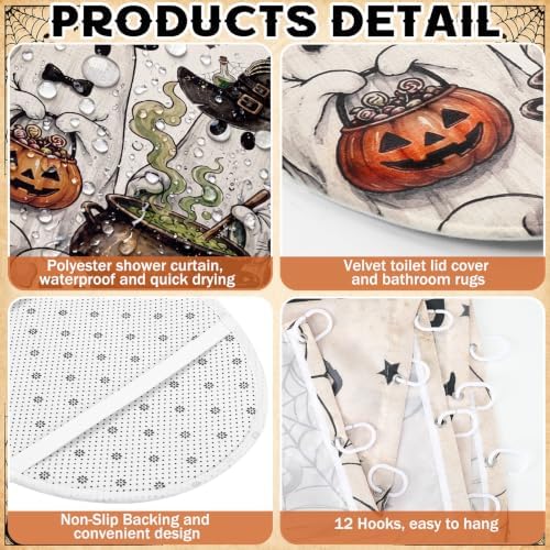 FuWeave 8 Pcs Halloween Shower Curtain Set for Bathroom Decor Include Vintage Ghost Pumpkin Black Truck Towels Non Slip Skull Rugs Toilet Lid Cover Halloween Spider Web Bath Mat and 12 Hooks