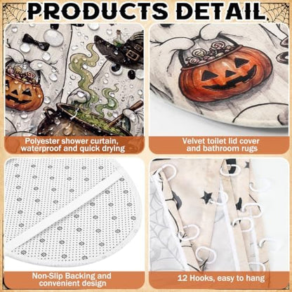 FuWeave 8 Pcs Halloween Shower Curtain Set for Bathroom Decor Include Vintage Ghost Pumpkin Black Truck Towels Non Slip Skull Rugs Toilet Lid Cover Halloween Spider Web Bath Mat and 12 Hooks