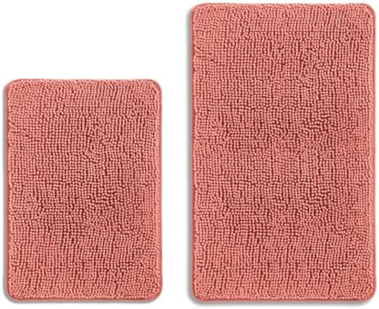 Coral Bathroom Rugs Sets 2 Piece – Absorbent and Washable Bath Mat, Non-Slip, Thick Soft Chenille Bath Rugs for Bathroom, Shower, Sink - 17" x 24"+20" x 32"