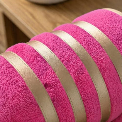 6-PCS Coral Fleece Microfiber Towel Set with Gold Stripes, Super Absorbent, Multiple Colors Available for Home, Bathroom, Hotel & Gym (6, Rose red)