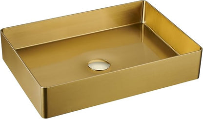 Brushed Gold Bathroom Vessel Sink: 20"x14" Rectangular Vanity Washbasin | Modern Above Counter Sinks with Stainless Stee PVD Coating Pop Up Drain for Home Hotel Office Toilet Renovation Decoration