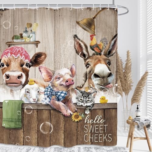 Funny Animal Shower Curtain 60Wx72L Inch Rustic Farmhouse Country Cow Donkey Pig Farm Sweet Cheeks Bathroom Set Accessories Decor with 12 Pack Hooks