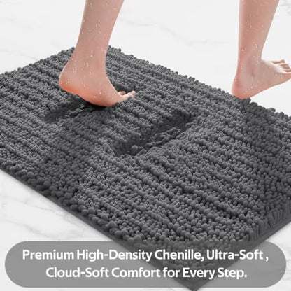 ACCUMTEK Upgrade Luxury 2 Piece Dark Gray Toilet Bathroom Rug Mat 60"x20"+32"x20", Ultra Soft Thick Absorbent Bath Mats, Non Slip Chenille Toilet Mat for Bathroom, Bedroom, Kitchen, Shower, Tub