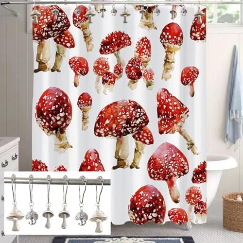 Mushroom Shower Curtain Hooks, 12Pcs Rustproof Metal Cute Retro Mushroom Shower Curtain Hooks Rings for Boho Fairy Forest Country Cottagecore Style Home Bathroom Decor (Silvery)